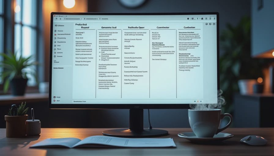 Close-up of a monitor showing a digital workflow board dividing roles for a five-person video production team.