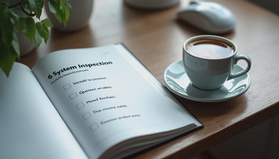 A clean desk with an open notebook displaying a six-step pre-review installation checklist.