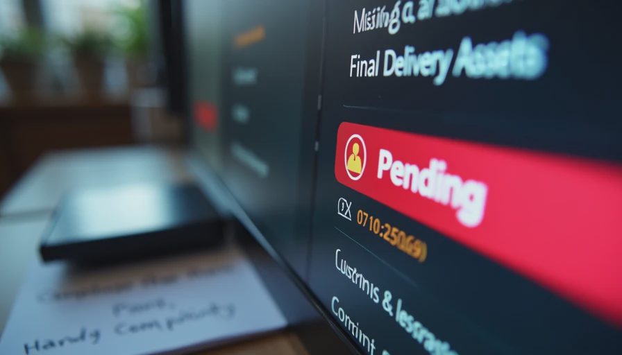 Close-up of a monitor showing a completed AI video asset flagged as 'pending delivery' due to missing compliance documentation.