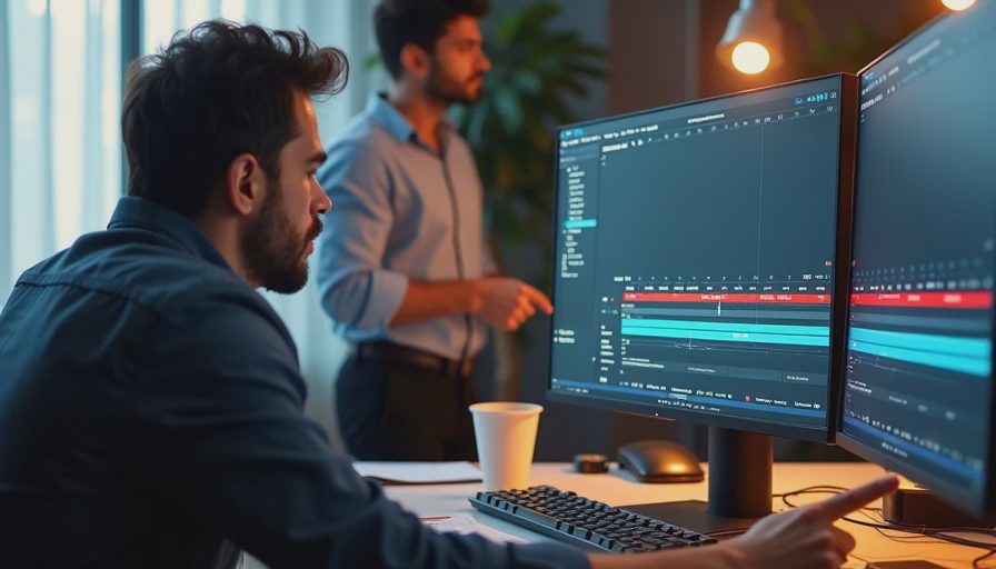 A producer and editor looking concerned at a monitor showing a high-quality AI video take that fails to absorb revisions.