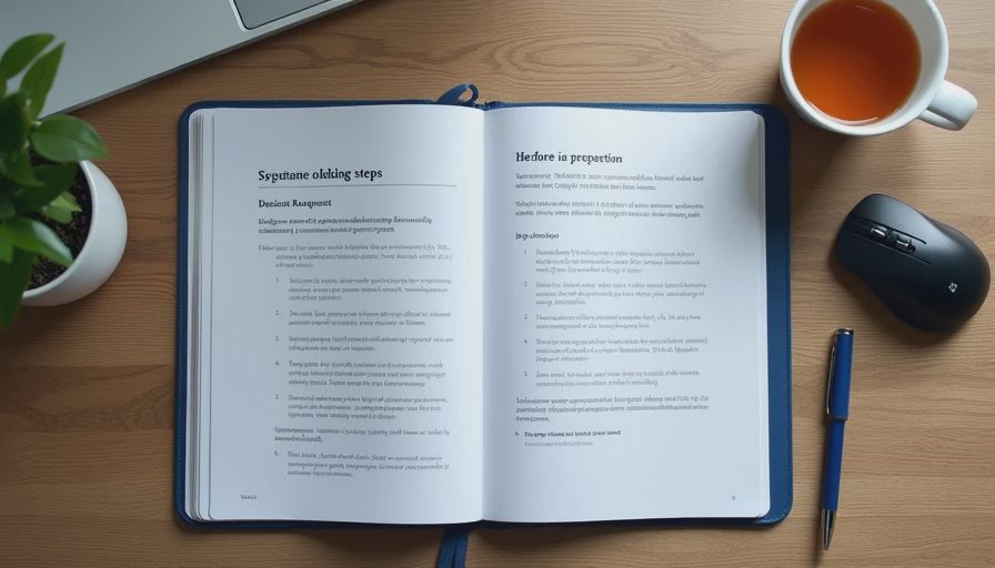 A clean desk with an open notebook displaying a six-step pre-multi-role review preparation checklist and a cup of tea.