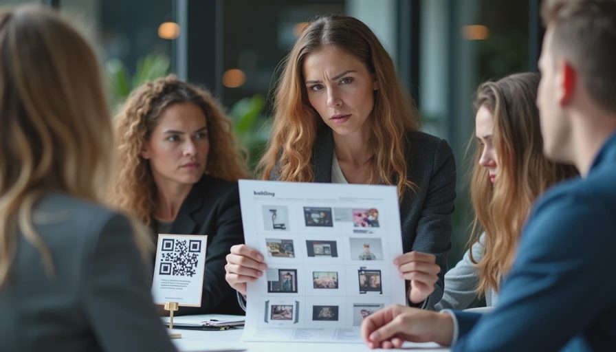 A focused team meeting in a brightly lit conference room, discussing a printed brief with brand guidelines and a review link QR code.