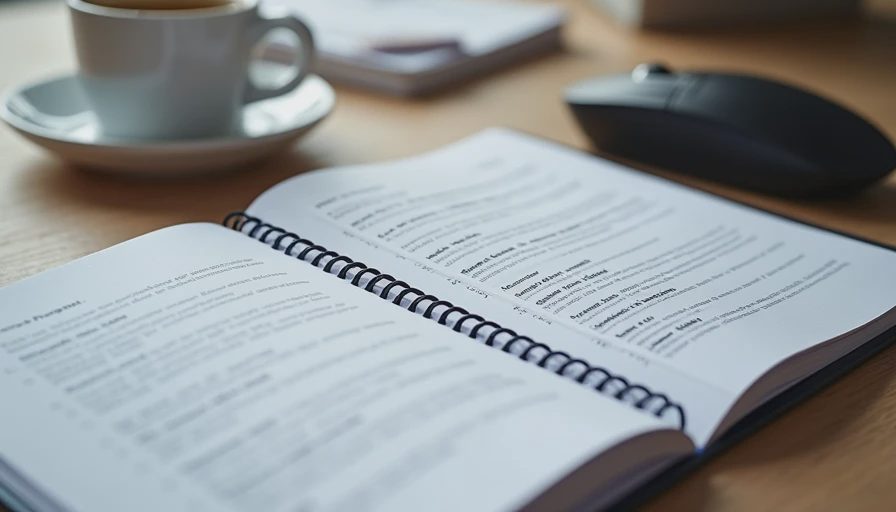 A clean desk with an open notebook displaying a six-step pre-review implementation checklist and a coffee cup.