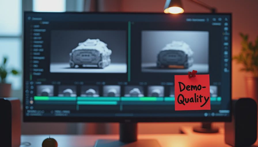 A video editing timeline showing a product clip with geometry drift, marked with a red 'Demo-Quality' sticky note.