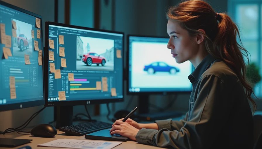 A documentary shot inside a busy VFX studio. A compositor works meticulously on a high-end monitor using software to revise an AI-generated car commercial based on detailed client notes.