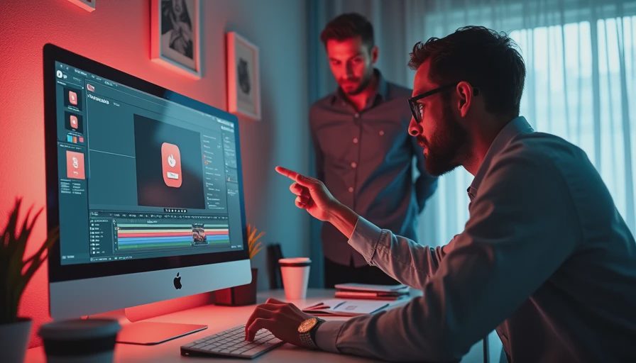 A producer pointing at an AI video monitor in a busy editing suite, highlighting a costly revision request.