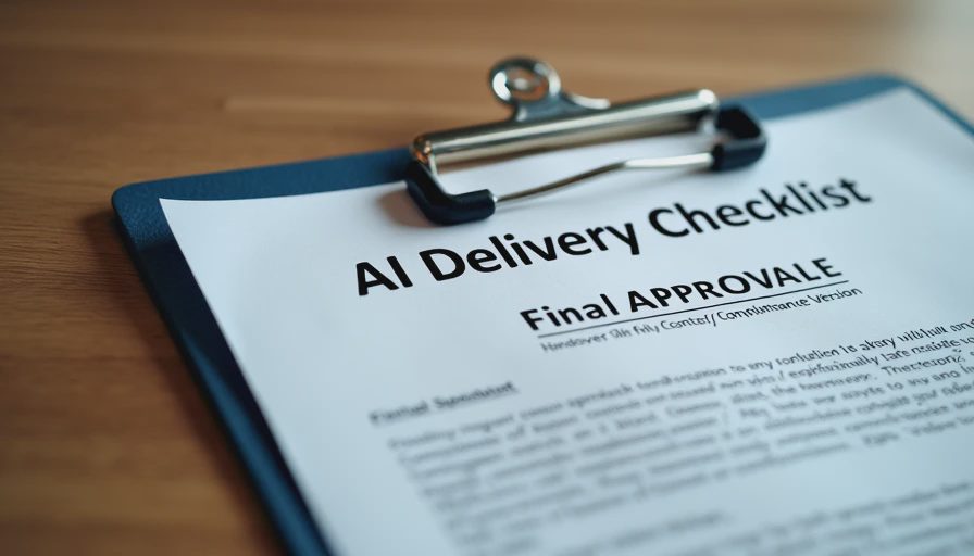 Documentary still life of a finalized, compliant AI delivery checklist on a clipboard. The document ensures all rights questions are resolved before handoff.