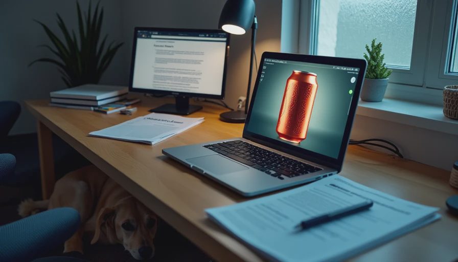 A realistic desk setup with a laptop showing a beverage video timeline, a summary report, and a sleeping dog underneath.