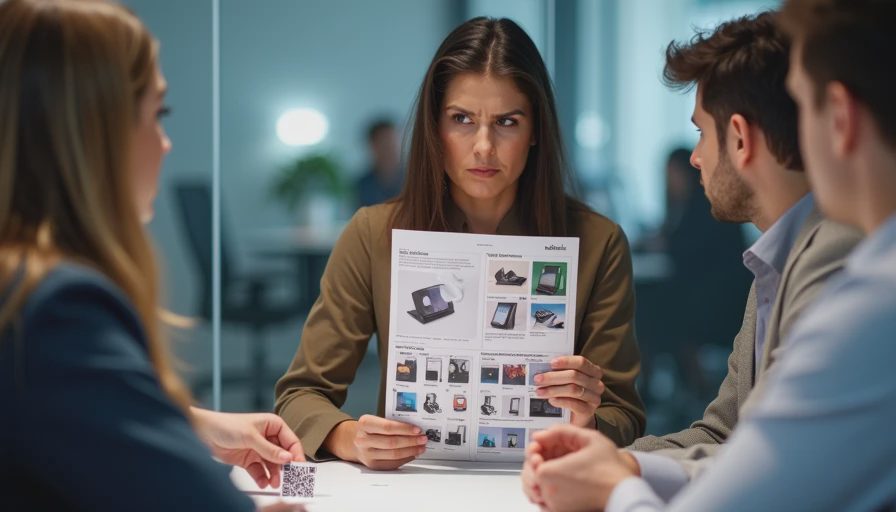 A focused team meeting in a brightly lit conference room, discussing a printed brief with brand guidelines and a review link QR code.