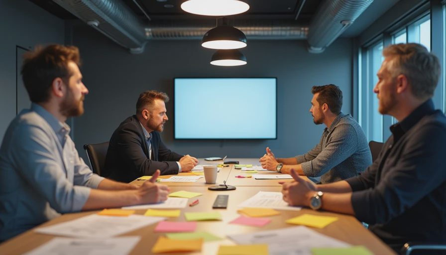 A multi-role team meeting in a bright conference room, discussing differing production standards and review feedback on a video project.