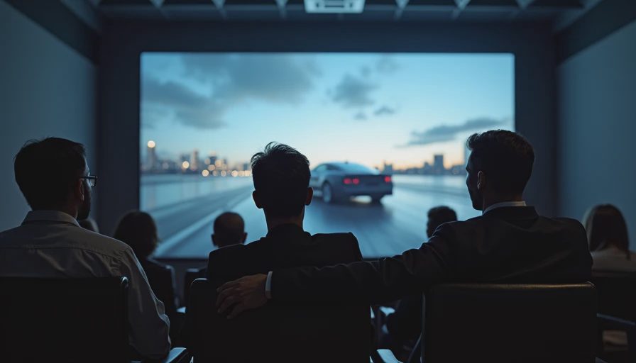A documentary-style shot inside a dimly lit agency screening room. The silhouettes of several film crew members are seen reacting with frustration to a new revision request shown on the bright silver screen.