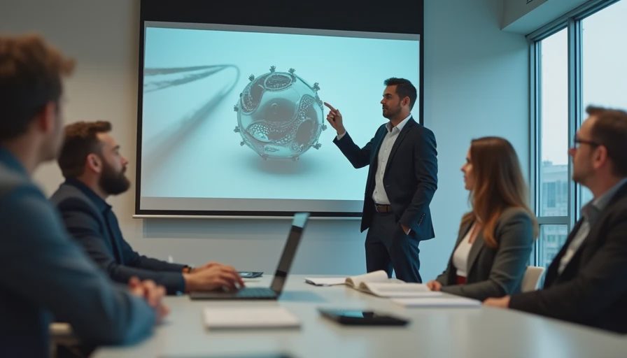 A producer pointing at an unpolished AI video frame in a meeting, creating an unexpected quality assurance discussion.