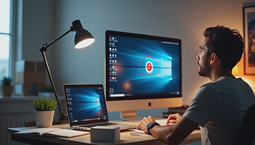 Digital artist in a home office anxiously reviewing a shared screen where a lead has circled an unaligned logo on a key AI frame, pointing back to the original reference packages.