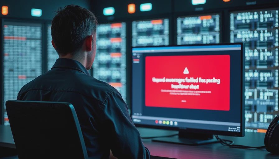 A technical director in a busy server room facing a failed delivery metadata validation error on a workstation screen, halting the final package.
