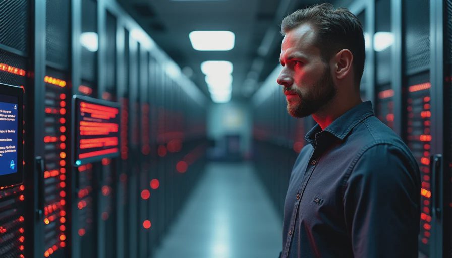 A technical director in a busy server room facing a failed delivery metadata validation error on a workstation screen, halting the final package.